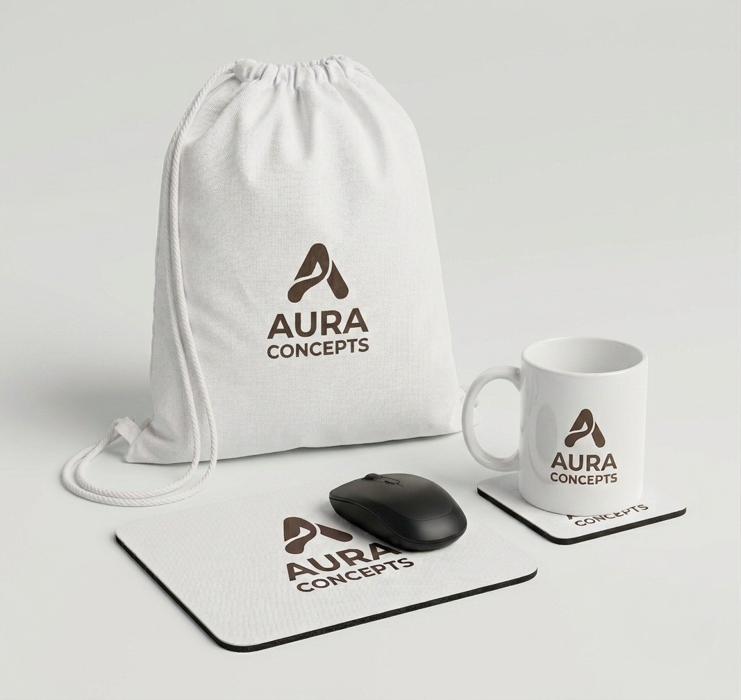 Sacola de ombro, mousepad e caneca com a identidade da empresa.