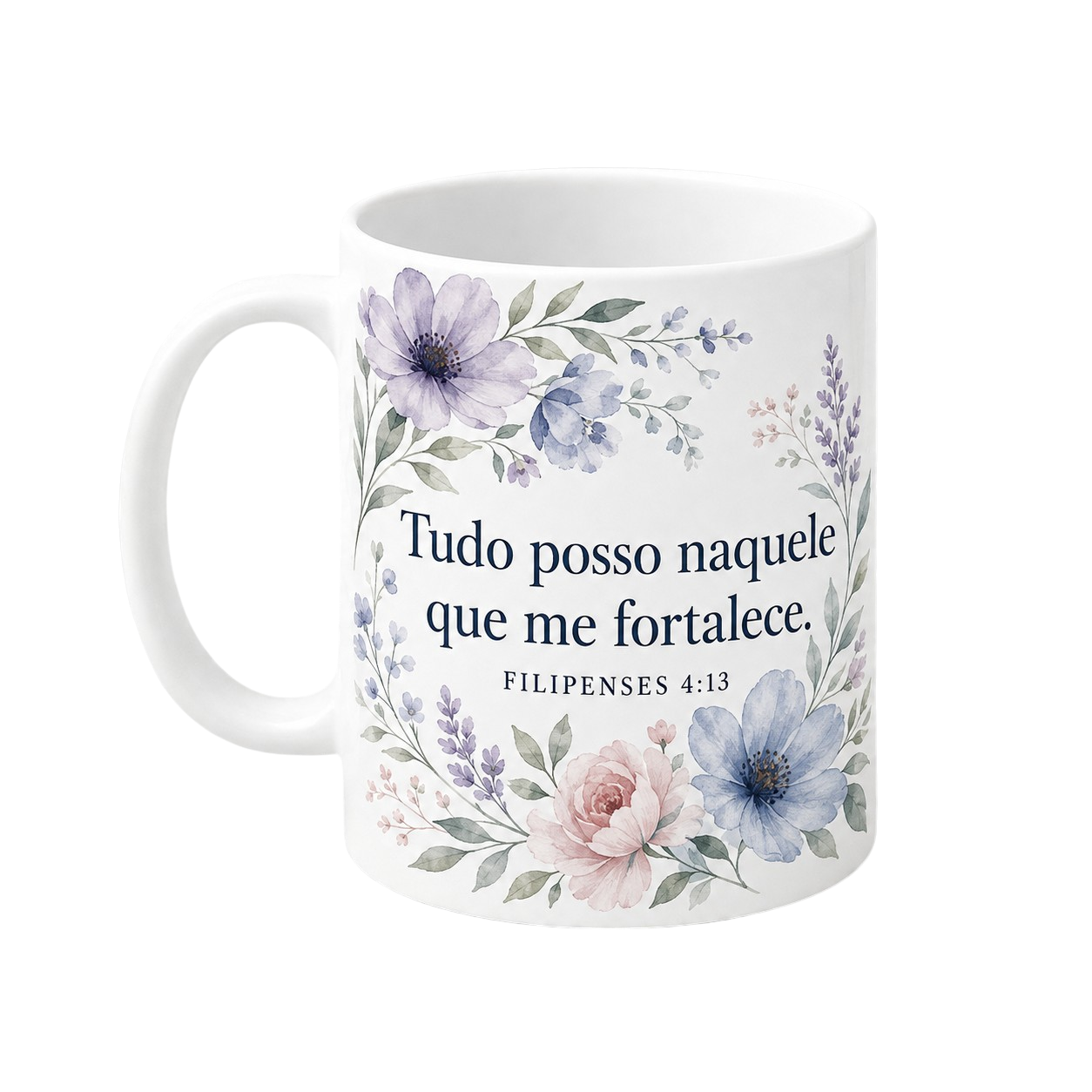Caneca de porcelana branca personalizada com aquarela floral e frase bíblica